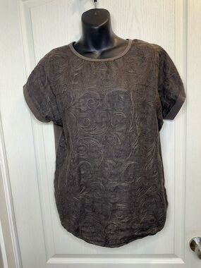 Women's Brown Short-Sleeve Embroidered Linen & Cotton blend Top